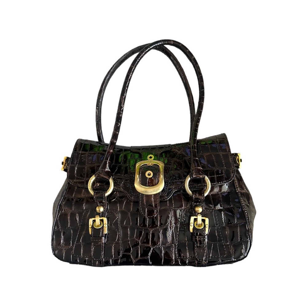 Stuart Weitzman Patent Leather Purse in Tea Orinoco Croco